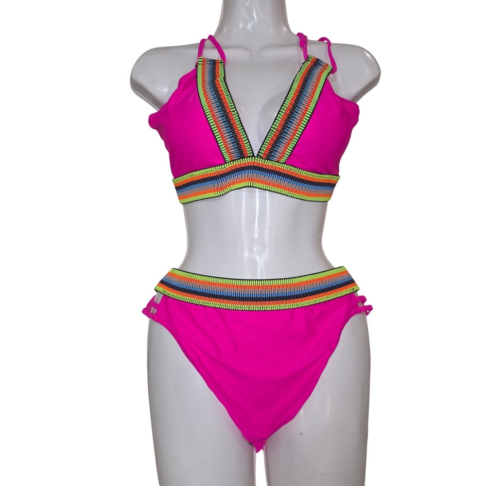 Blooming‎ Jelly Womens Hot Pink Neon Striped Trim Bikini Set Size XL NWT